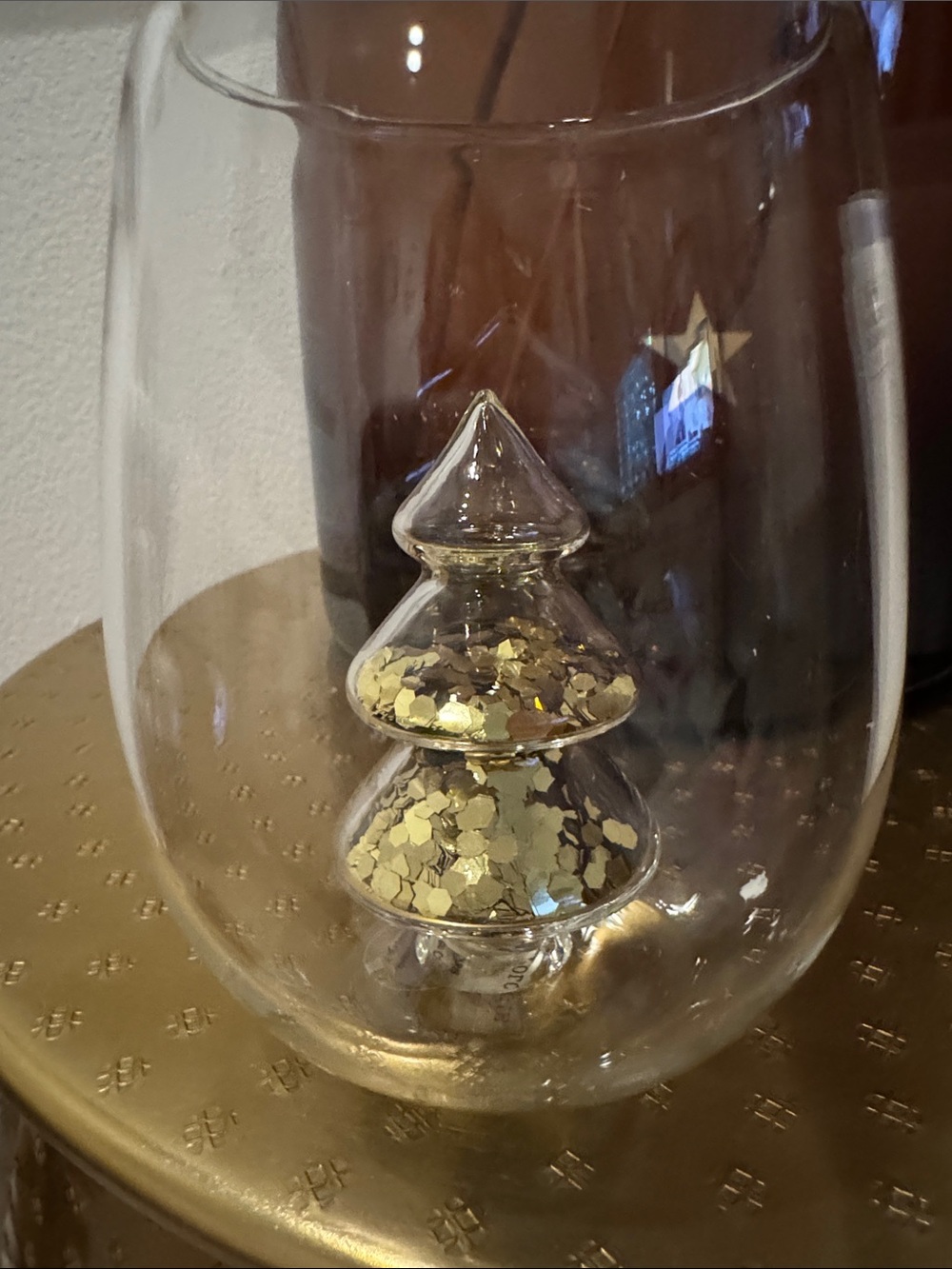 Anthropologie Yuletide stemless wine Glass with Gold Glitter Tree Accent